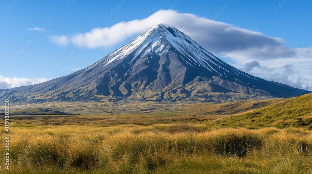 Majestic Snow-Capped Volcano Towering Over Rolling Green Landscape Under Clear Blue Sky in New Zealand's Scenic Wilderness Majestic Snow-Capped Volcano Towering Over Rolling Green Landscape Under Clear Blue Sky in New Zealand's Scenic Wilderness