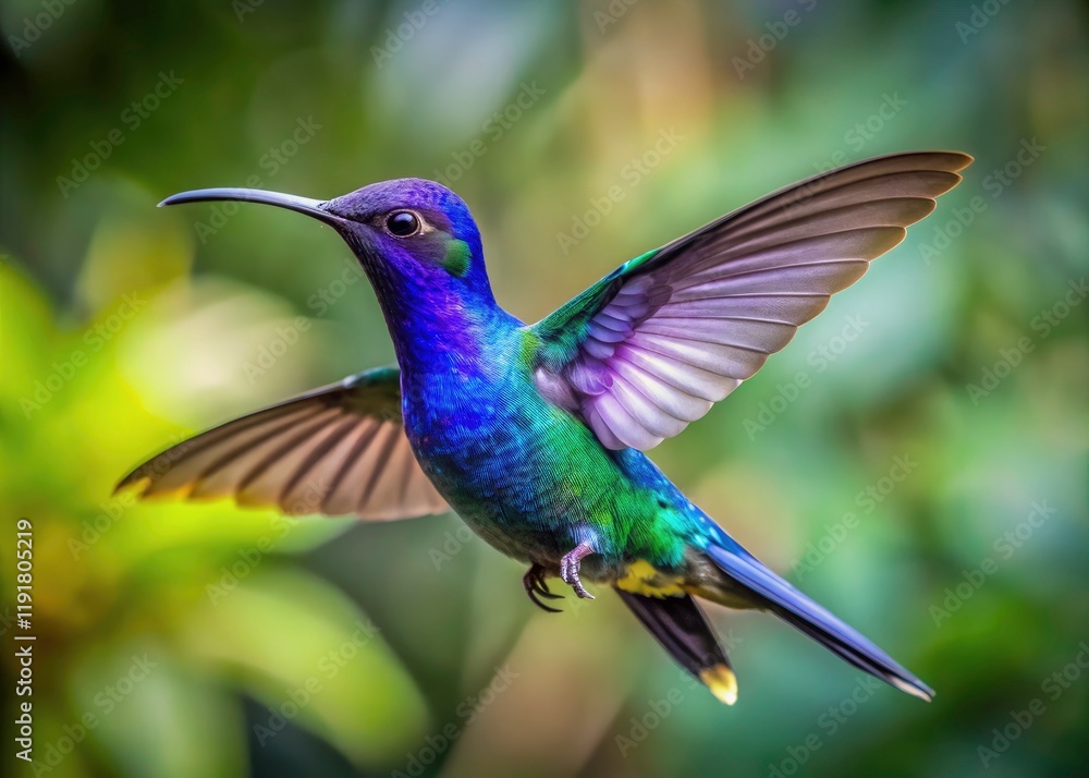 Fototapeta premium Costa Rican Hummingbird in Flight - Violet Sabrewing, High-DOF Wildlife Photography