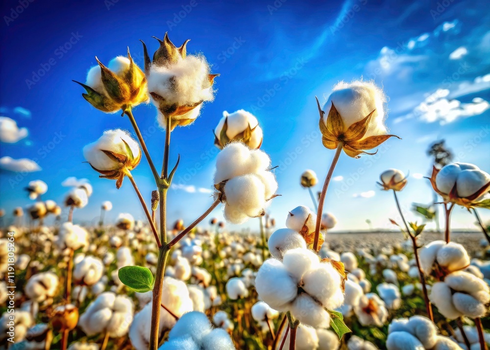 Cotton Plant Close Up, Fluffy White Bolls, Summer Field, Blue Sky, Macro Photography Cotton Plant Close Up, Fluffy White Bolls, Summer Field, Blue Sky, Macro Photography