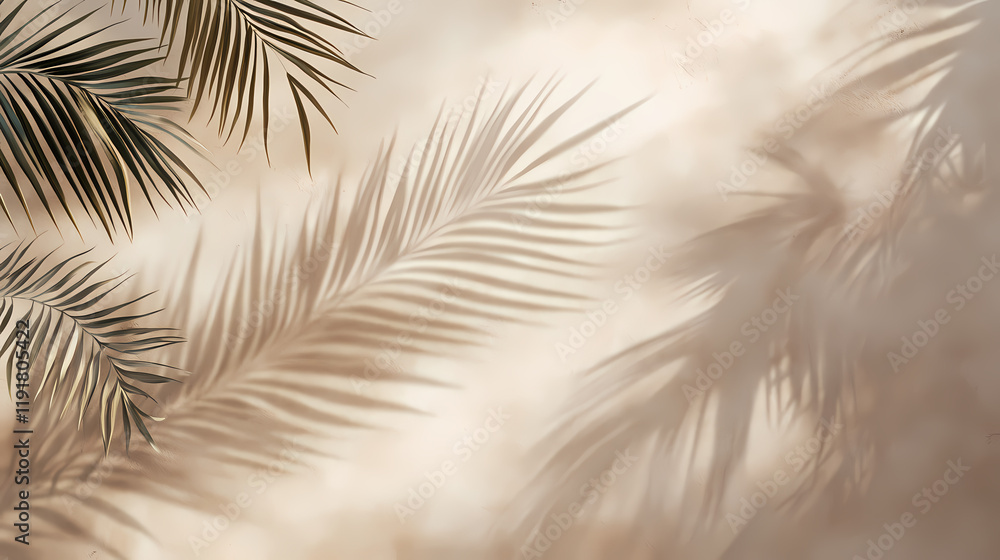 Fototapeta premium Beautiful texture of beige brown luxury, smooth stucco wall with soft foliage dappled light of tropical tree leaf shadow. Shadowfern. Illustration