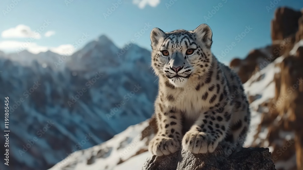 Snow leopard cub resting on a rock with a majestic mountain range in the background, under a clear blue sky. Snow leopard cub resting on a rock with a majestic mountain range in the background, under a clear blue sky.