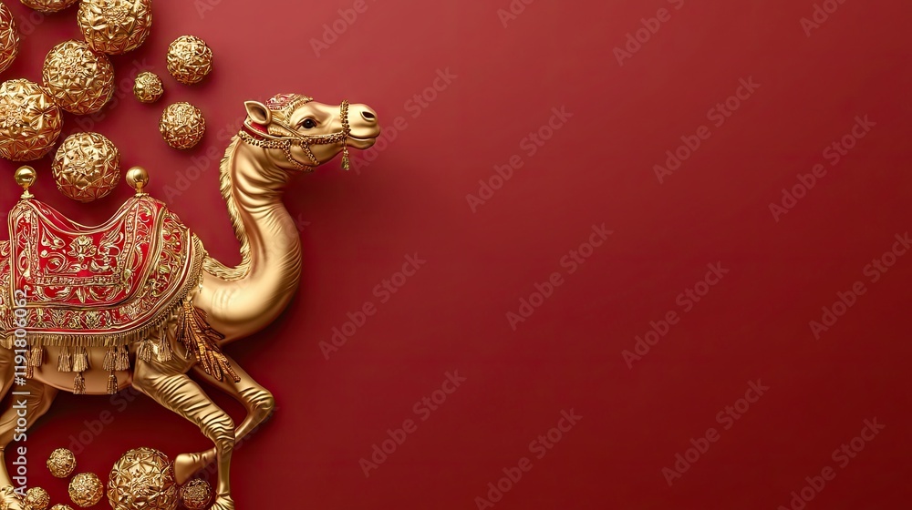 Naklejka premium Golden camel figurine, red background, decorative balls, festive design, holiday card