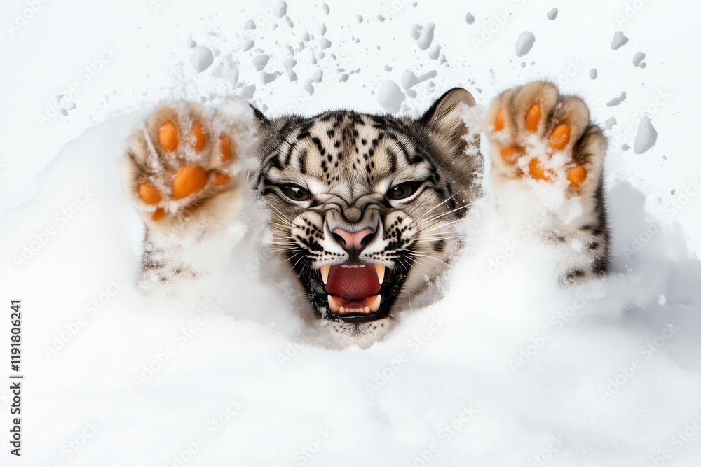 Snow leopard cub growling fiercely while emerging from thick snow, with vivid details of its orange paw pads and sharp teeth. Snow leopard cub growling fiercely while emerging from thick snow, with vivid details of its orange paw pads and sharp teeth.