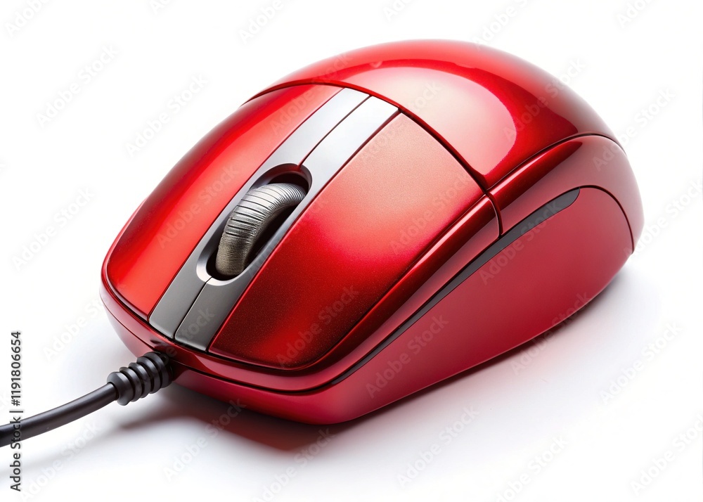 Red Wired Computer Mouse, Bright White Background, Professional Photography Red Wired Computer Mouse, Bright White Background, Professional Photography