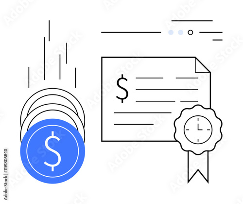 Falling coins and a financial certificate featuring a currency symbol and seal. Ideal for finance, investments, banking, certifications, financial planning, business rewards, economic growth. Line