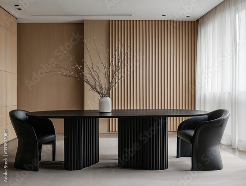 Generative AI,Modern dining room with marble accent wall and indirect lighting photo