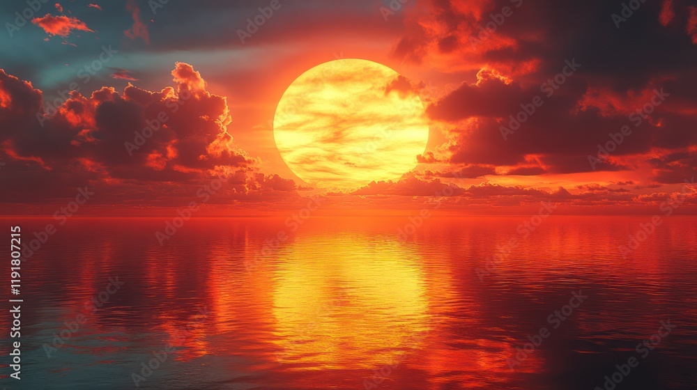 Fiery Sunset over Calm Ocean: A Breathtaking Celestial Display Fiery Sunset over Calm Ocean: A Breathtaking Celestial Display