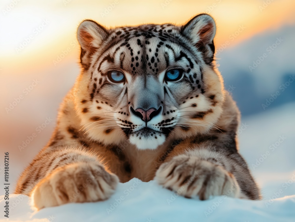 Fototapeta premium Snow leopard resting on snowy ground during sunset, with golden light illuminating its fur and vibrant blue eyes.