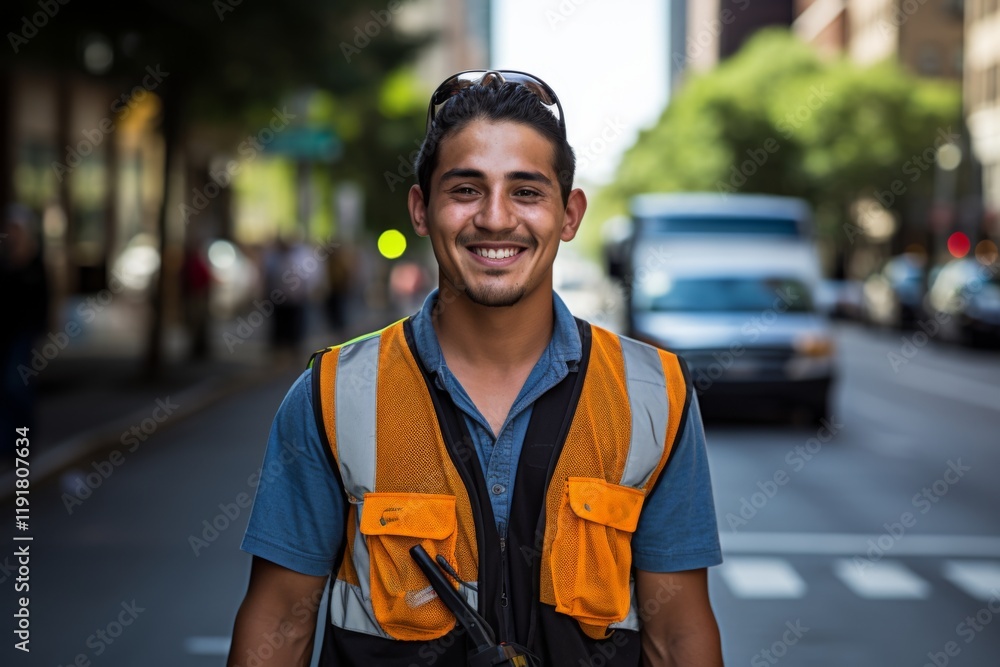 Smiling portrait of a young male garbage man in New York Smiling portrait of a young male garbage man in New York