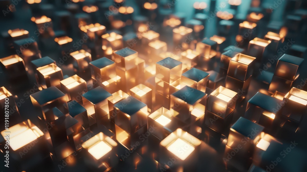 Fototapeta premium A vibrant, abstract scene of glowing cubes creating a dynamic, futuristic atmosphere.