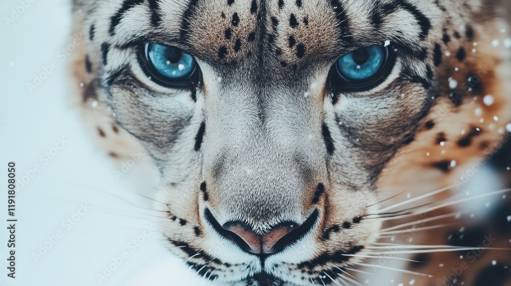 Obraz premium Close-up portrait of a snow leopard's face with piercing blue eyes, detailed fur textures, and falling snow in a serene and snowy wilderness setting.