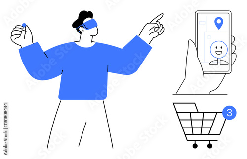 Person wearing virtual reality headset, hand holding smartphone with map pin and happy face, shopping cart with three items notification. Ideal for e-commerce, VR technology, online shopping, mobile