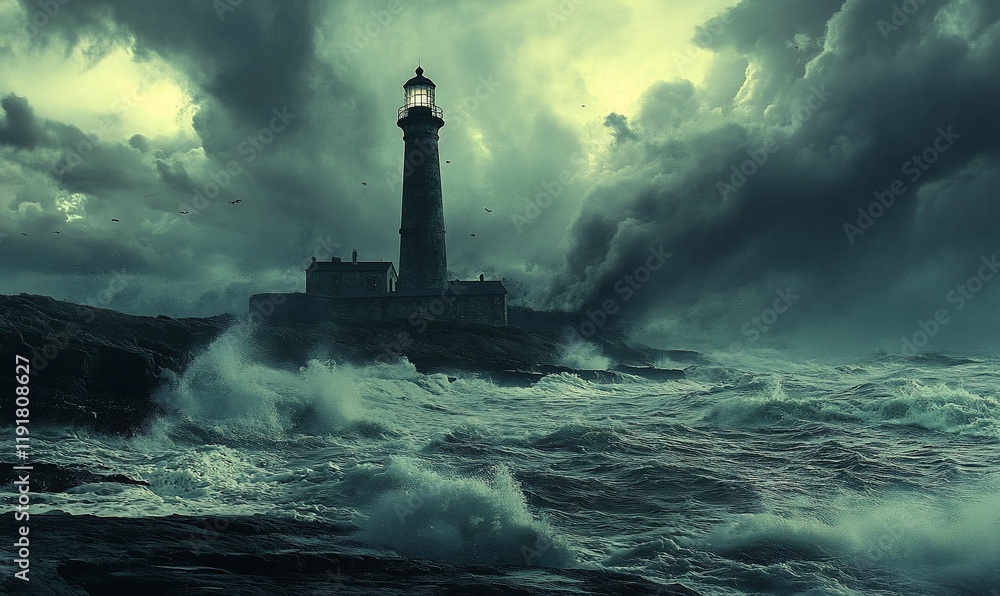 Stormy sea lighthouse, coastal waves crash Stormy sea lighthouse, coastal waves crash