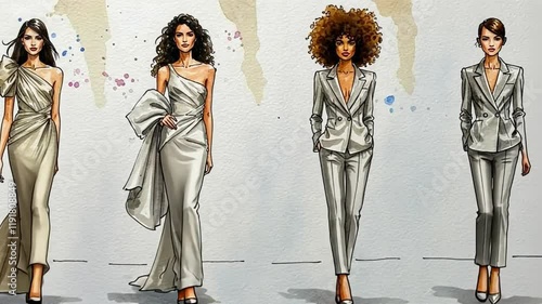 Vibrant Fashion Runway Illustration Models Showcasing Haute Couture Elegance
