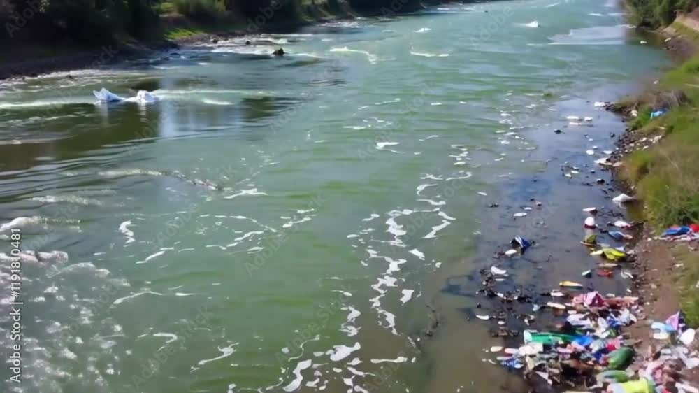 A river polluted with trash, highlighting the need for environmental conservation. A river polluted with trash, highlighting the need for environmental conservation.