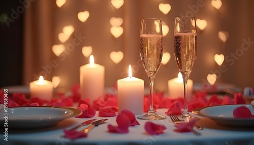 Romantic candlelit dinner setup with champagne glasses, rose petals, and heart-shaped bokeh lights in the background