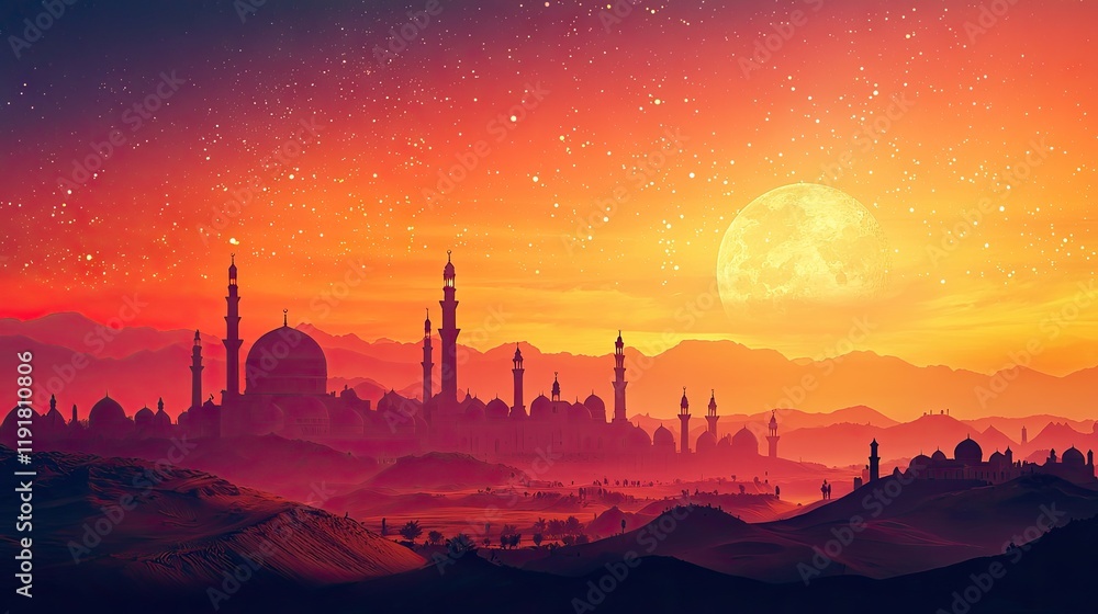 Obraz premium Desert city skyline at sunset, full moon, starlit sky