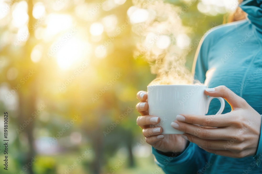 Female Jogger Enjoying Coffee in Vibrant Park During New Year Celebration Female Jogger Enjoying Coffee in Vibrant Park During New Year Celebration