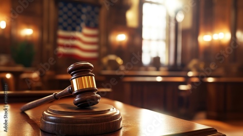 American Courtroom Justice Gavel Closeup: Symbol of Law and Order in a Traditional Setting