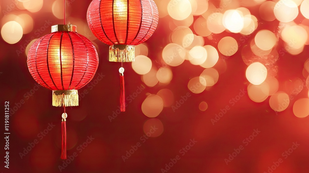 Red lanterns hanging, festive lights bokeh background, Lunar New Year celebration, greeting card Red lanterns hanging, festive lights bokeh background, Lunar New Year celebration, greeting card