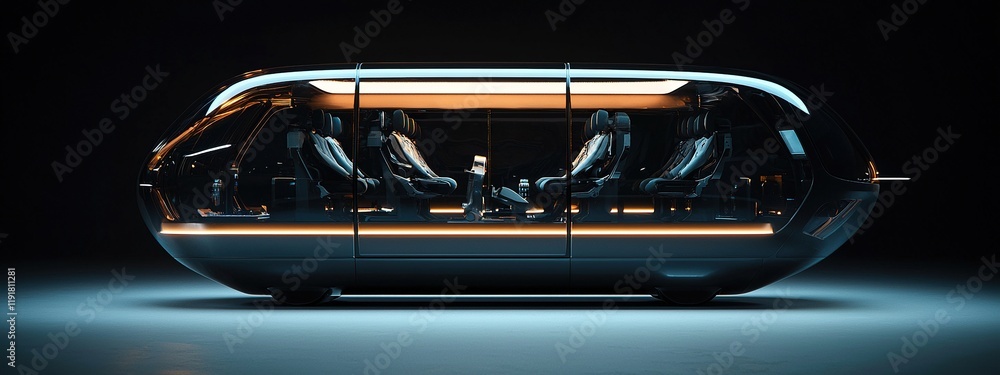Naklejka premium Modern drone taxi with transparent cabin and visible interior in futuristic setting