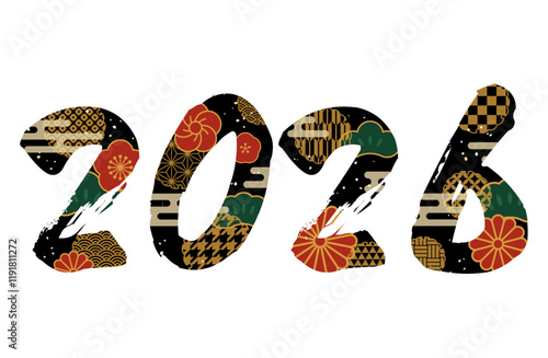2026年和風文字ベクターイラスト 数字 和風 装飾 新年 正月 年賀状 謹賀新年