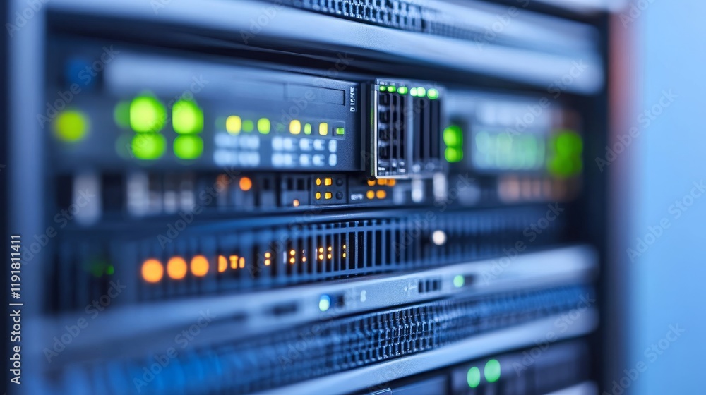 Close-Up View of a Modern Server Rack with Blurred Background, Highlighting Network Components, LEDs, and Data Management for Technology and IT Professionals Close-Up View of a Modern Server Rack with Blurred Background, Highlighting Network Components, LEDs, and Data Management for Technology and IT Professionals