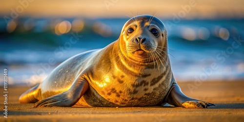 Harbor Seal Beach Photo: Cute Seal Pup on Sandy Shore Gazing at Ocean, Wildlife Photography, Animal Image photo