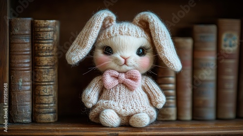 Knitted bunny shelfie, antique books background, craft photo