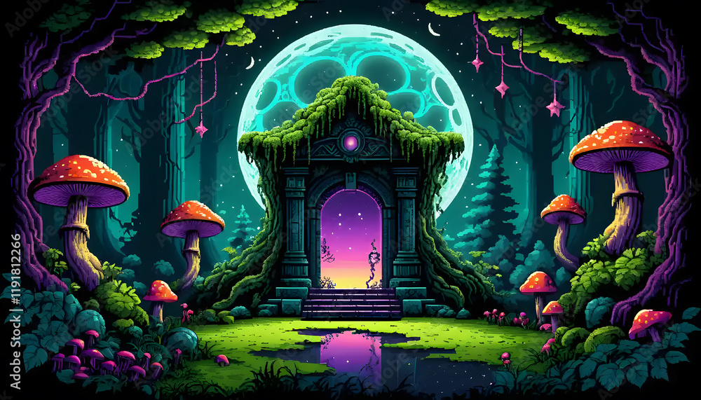 Obraz premium Enchanted Forest Gateway: A Pixel Art Fantasy