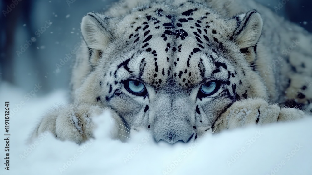 Obraz premium Snow leopard stealthily peeking through fresh snow, with intense blue eyes and a detailed fur pattern, creating a dramatic winter scene.