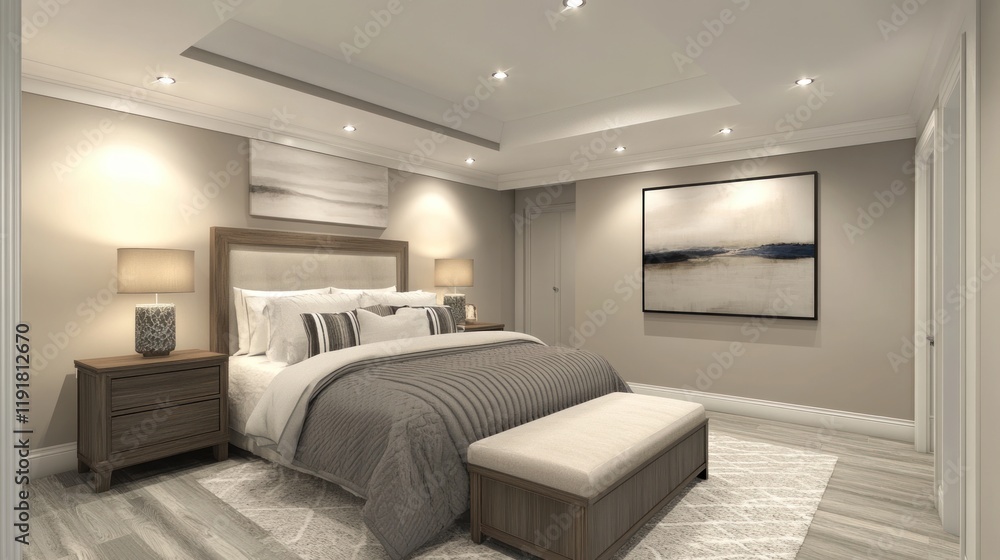 Fototapeta premium Serene Master Bedroom Interior Design: Modern Minimalist Bedroom Decor