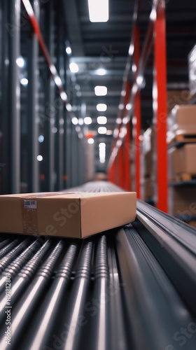 Cardboard Packages on Conveyor Belt in Warehouse