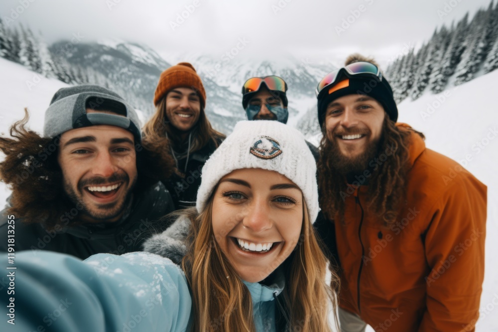 Diverse group of smiling snowboarders on snowy mountain Diverse group of smiling snowboarders on snowy mountain