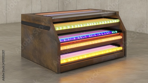 Modern tanning bed with vibrant colored UV light tubes for effective sunless tanning in a contemporary salon environment with stylish interior design photo