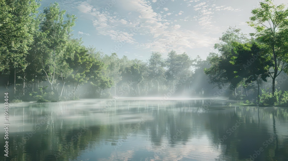 Serene landscape with a calm river, lush trees, and misty atmosphere. Serene landscape with a calm river, lush trees, and misty atmosphere.