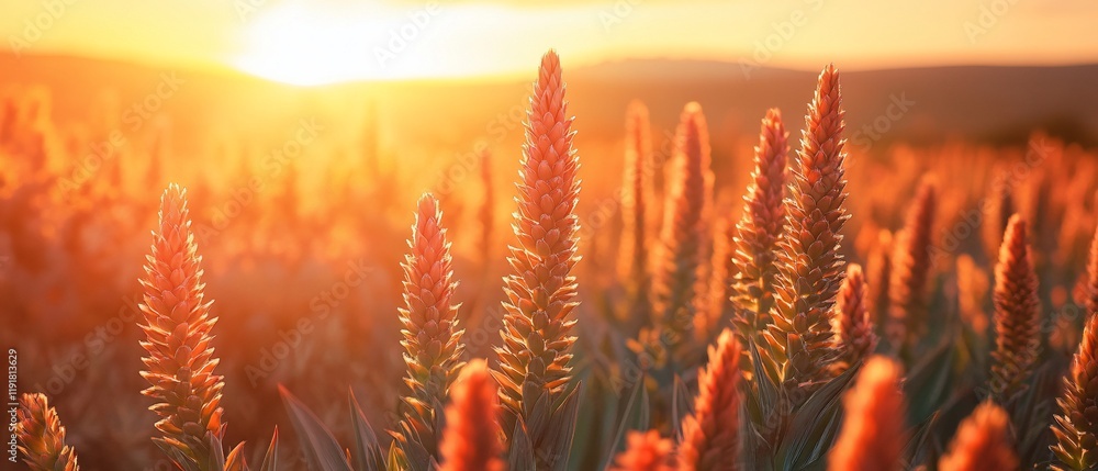Sunset over field of orange wildflowers. Calm nature scene Sunset over field of orange wildflowers. Calm nature scene