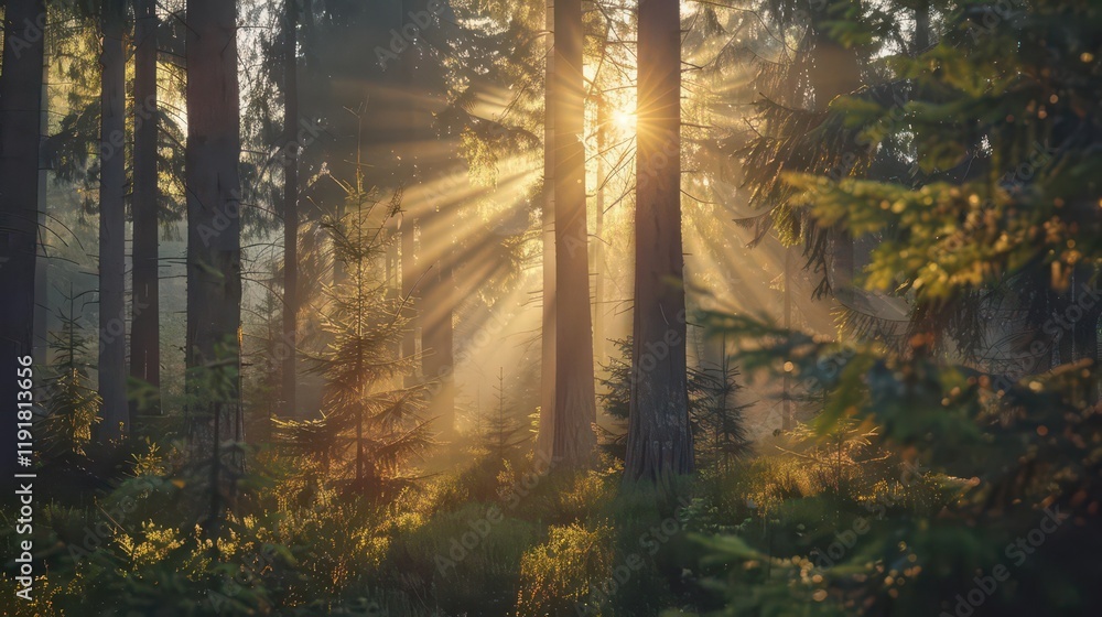 Fototapeta premium Sunlight filters through trees in a serene forest, creating a peaceful atmosphere.