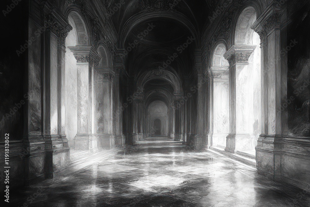 Fototapeta premium Long, dark hallway; ornate columns, arched ceilings.