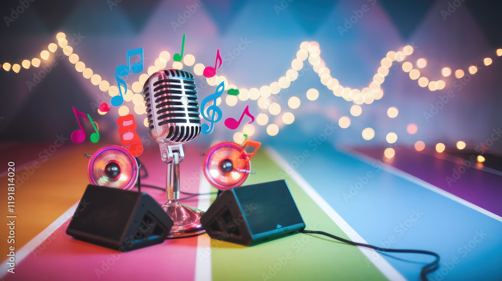 Fototapeta premium Retro Microphone Music Notes Speakers Colorful Stage