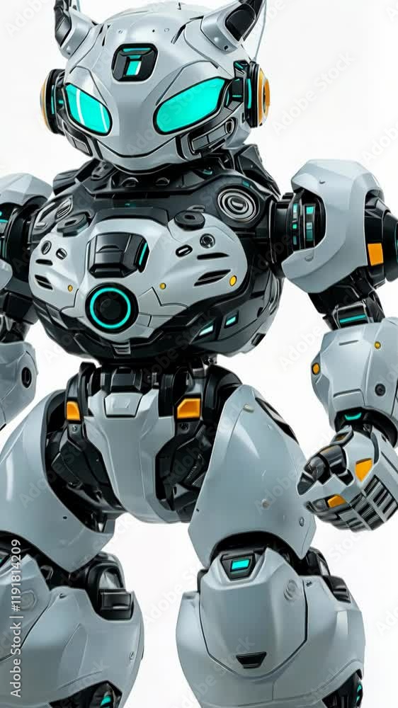 Futuristic robot with glowing features standing against a white background showcasing advanced technology and design Futuristic robot with glowing features standing against a white background showcasing advanced technology and design