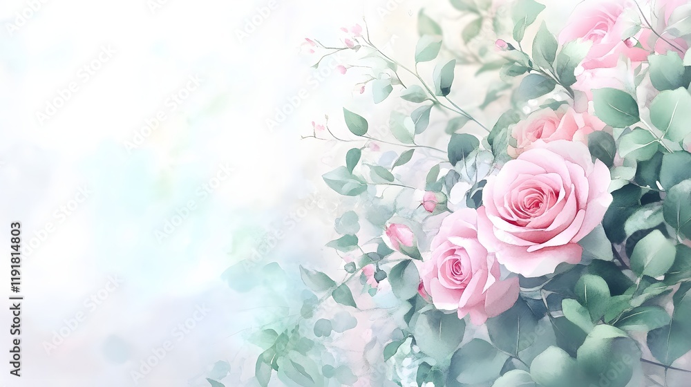 Fototapeta premium Delicate Pink Roses and Green Leaves Watercolor Painting