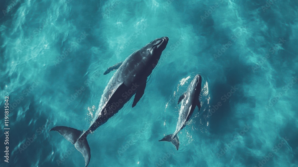 Fototapeta premium Mother whale swims alongside her calf in clear blue ocean waters, showcasing a nurturing bond in their natural habitat. Generative AI