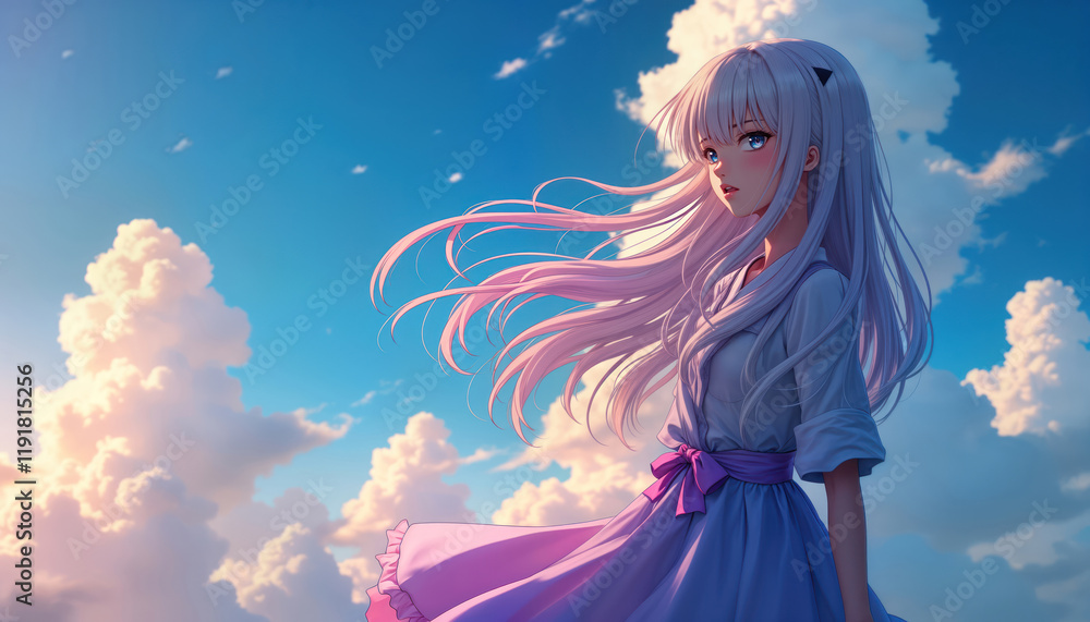 Anime girl with long flowing hair gazes skyward. She wears a light purple dress with a mauve ribbon. The sky is a vibrant blue with fluffy clouds. She stands outdoors. A serene and dreamy scene. Anime girl with long flowing hair gazes skyward. She wears a light purple dress with a mauve ribbon. The sky is a vibrant blue with fluffy clouds. She stands outdoors. A serene and dreamy scene.