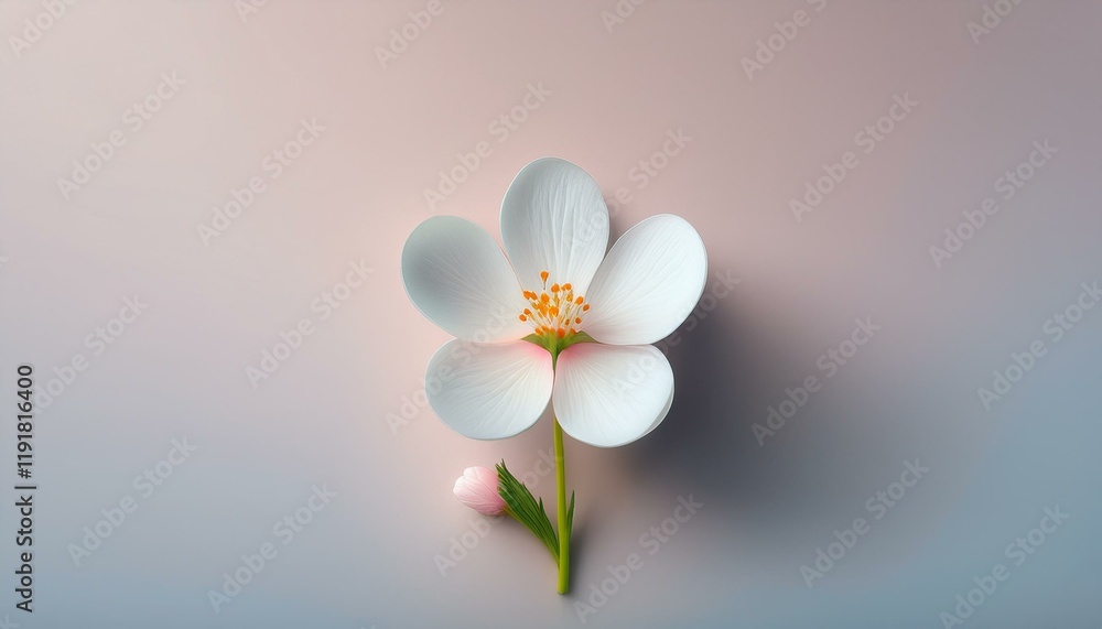 Obraz premium 春の小さな花が1輪、柔らかな色合いの背景に配置され、静かな春の息吹を感じるミニマルデザイン 