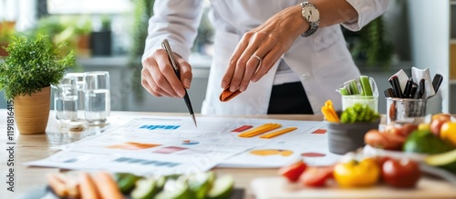 A nutritionist creating a personalized diet plan using charts and healthy food samples in a clean workspace