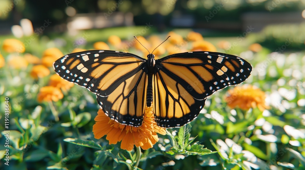 Fototapeta premium Monarch butterfly garden bloom sunlight nature