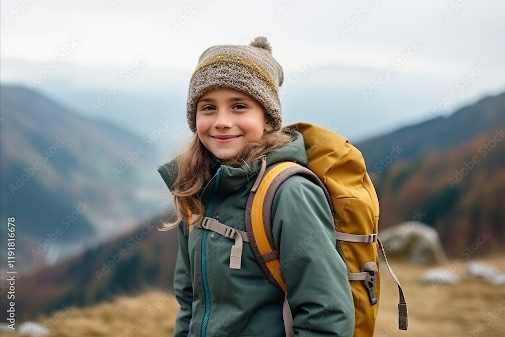 Portrait of a cute little girl with backpack hiking in the mountains Portrait of a cute little girl with backpack hiking in the mountains