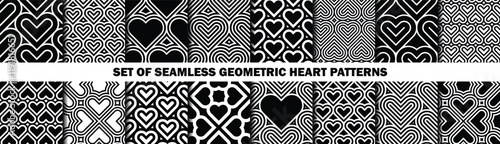 Vector set of 16 geometric heart patterns. Collection of textures for Valentine's Day, wedding, holiday, love.