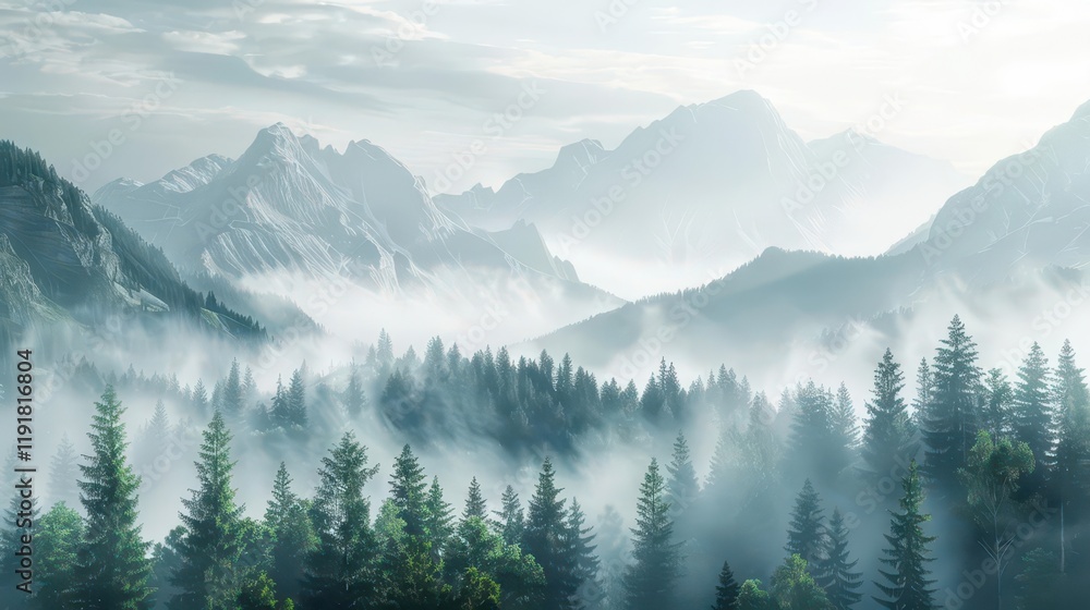 Fototapeta premium A serene mountain landscape shrouded in mist, showcasing nature's beauty and tranquility.